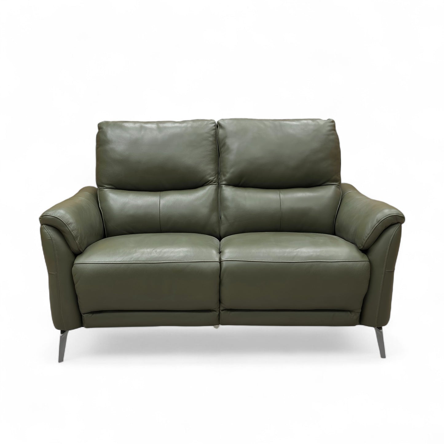 Three-quarter view of the 'Daytona' 2 Seater Sofa in Oslo Pine Green leather, highlighting the gently curved arms and generous seat cushions.