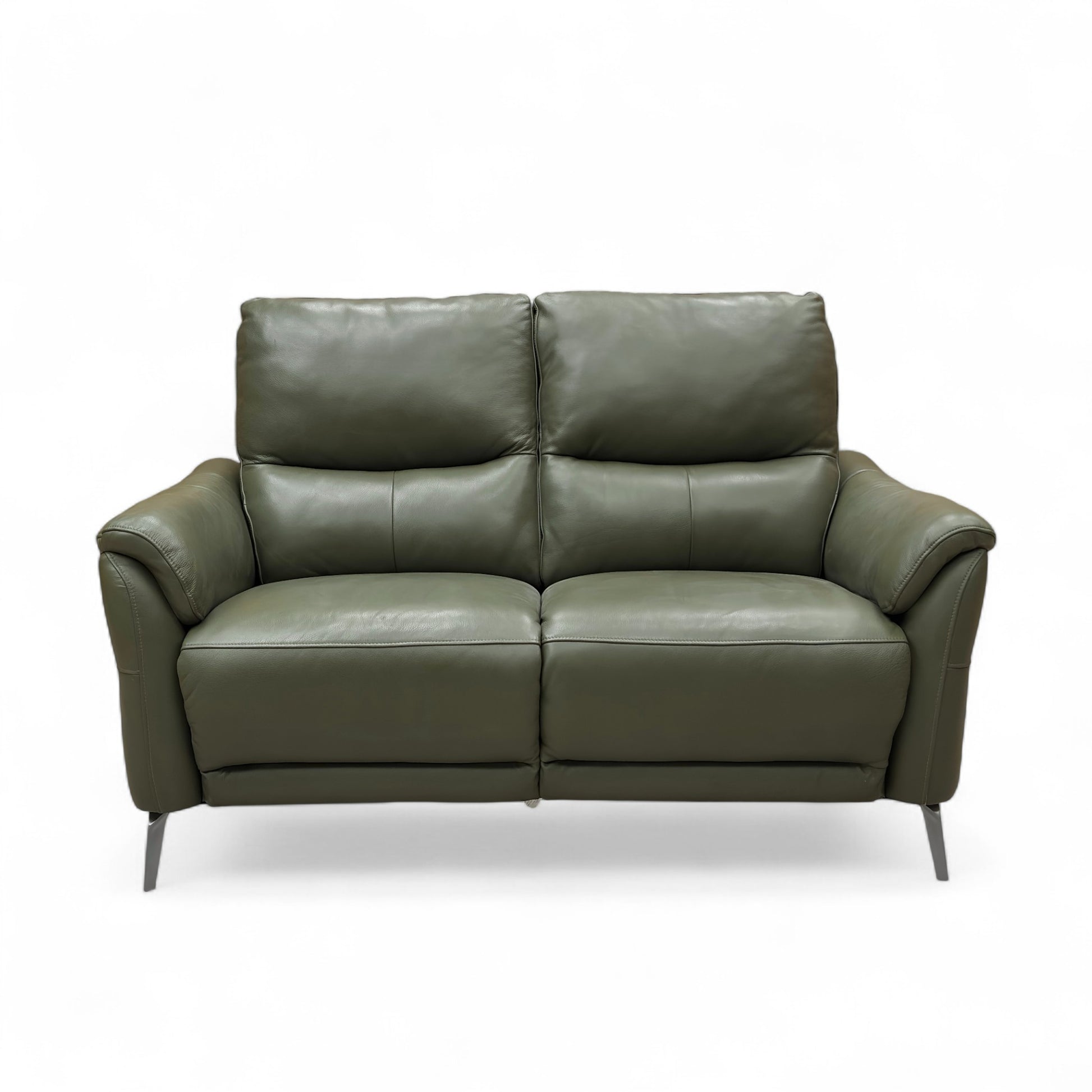 Three-quarter view of the 'Daytona' 2 Seater Sofa in Oslo Pine Green leather, highlighting the gently curved arms and generous seat cushions.