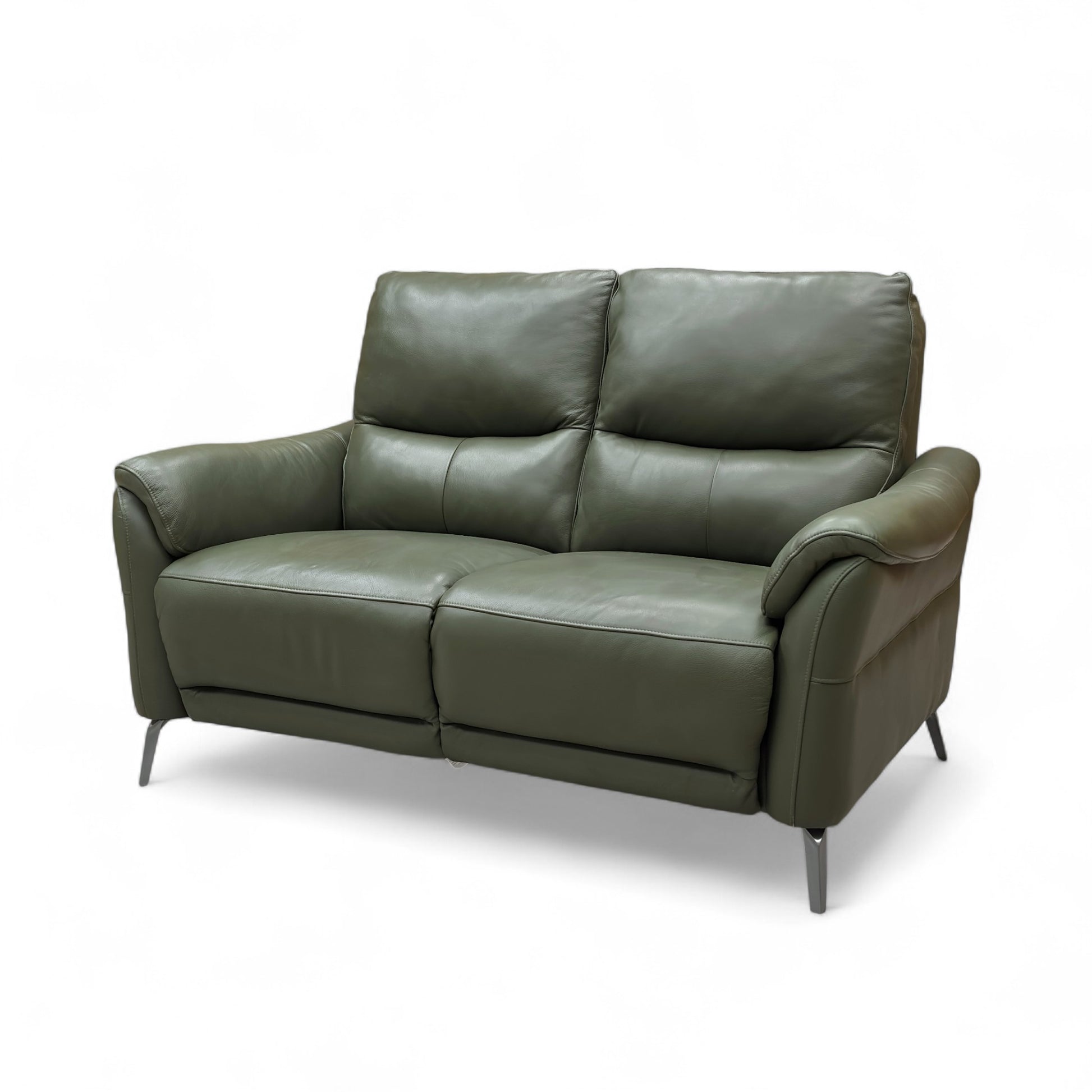 Side view of the 'Daytona' Oslo Pine Green Leather 2 Seater Sofa in a partially reclined position, illustrating the extended footrest and comfortable seating angle.