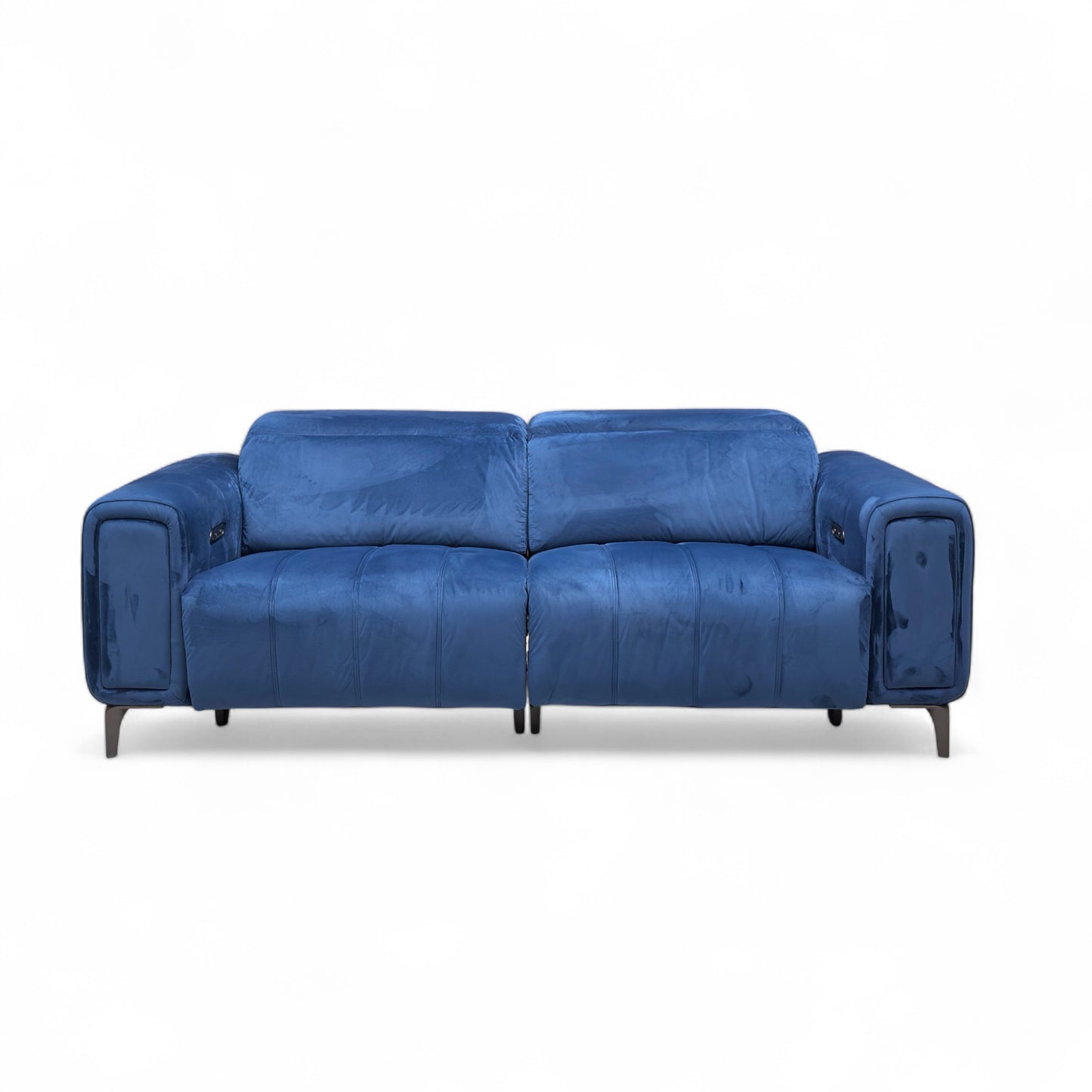 Front view of the Royal Blue Velvet Elphaba Sofa, with all power recliners fully extended for lounging comfort.