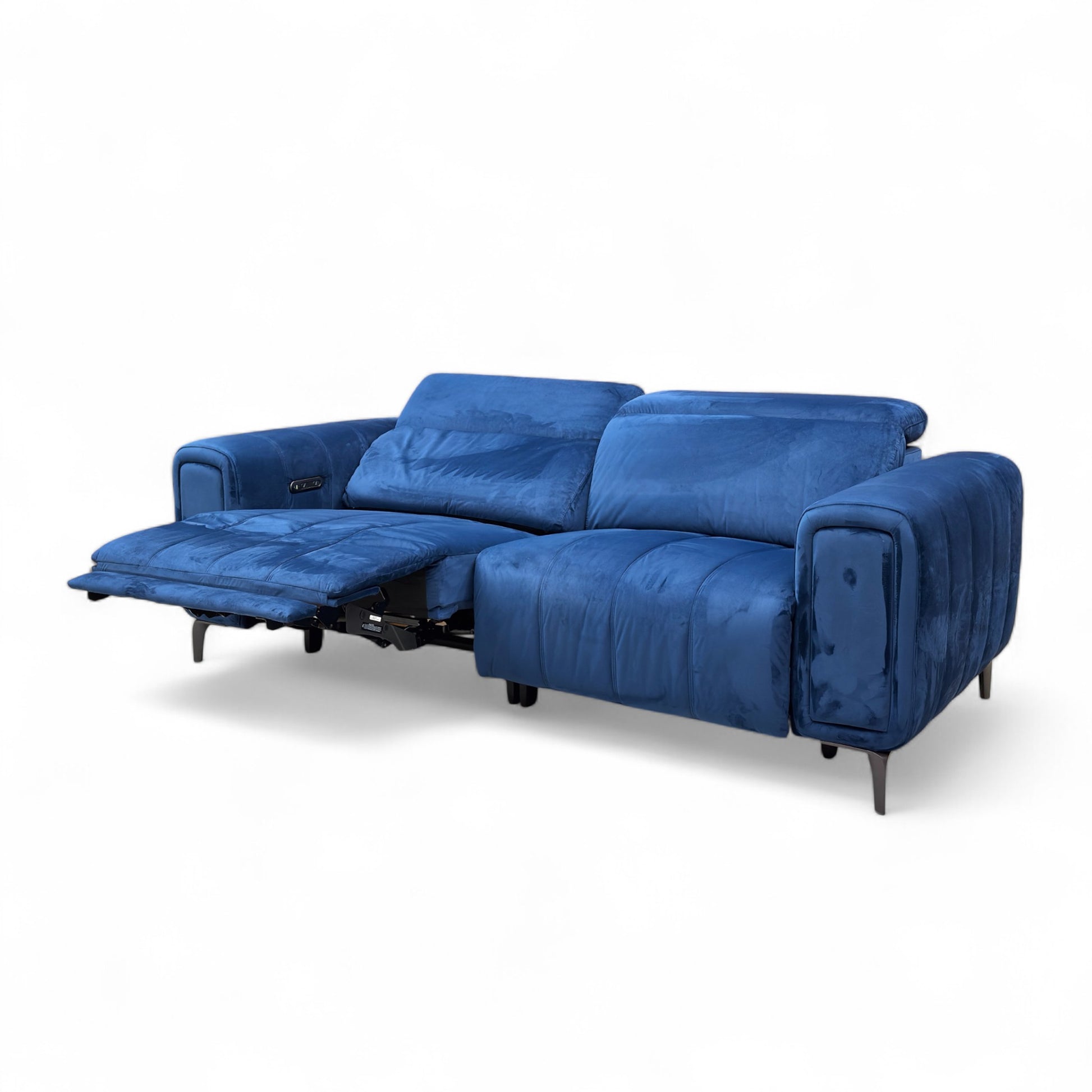 Detail of the power control buttons located on the side of the armrest, used to operate the power recline and potentially a USB port.