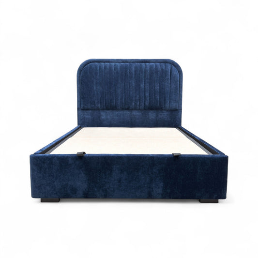 Front View of 'Portland' Floor Standing Headboard, showing the soft, textured sapphire blue fabric upholstery.