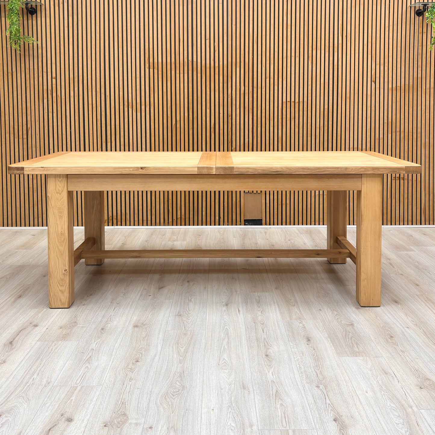 Furnitureland ‘Augusta’ Solid Oak Large 220cm Rectangular Extending Dining Table with Clay Fabric Set of 6 Wooden Slatted Back Chairs Furniture Village