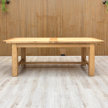 Furnitureland ‘Augusta’ Solid Oak Large 220cm Rectangular Extending Dining Table with Clay Fabric Set of 6 Wooden Slatted Back Chairs Furniture Village