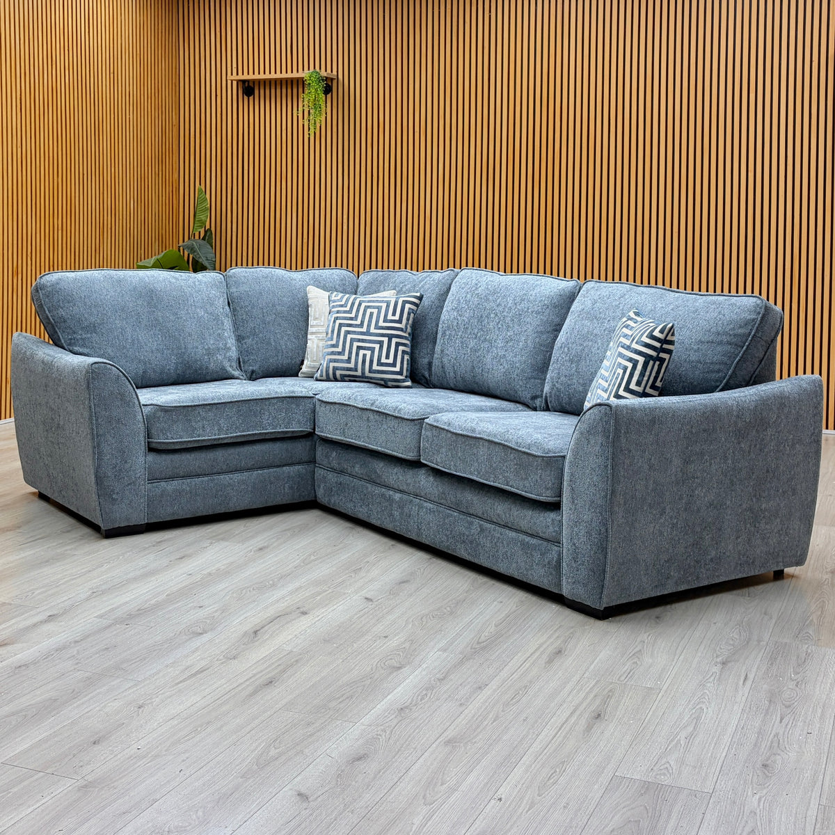 ‘Trinity’ Denim Blue Soft Woven Fabric Left Hand Double Arm Group Corner Sofa