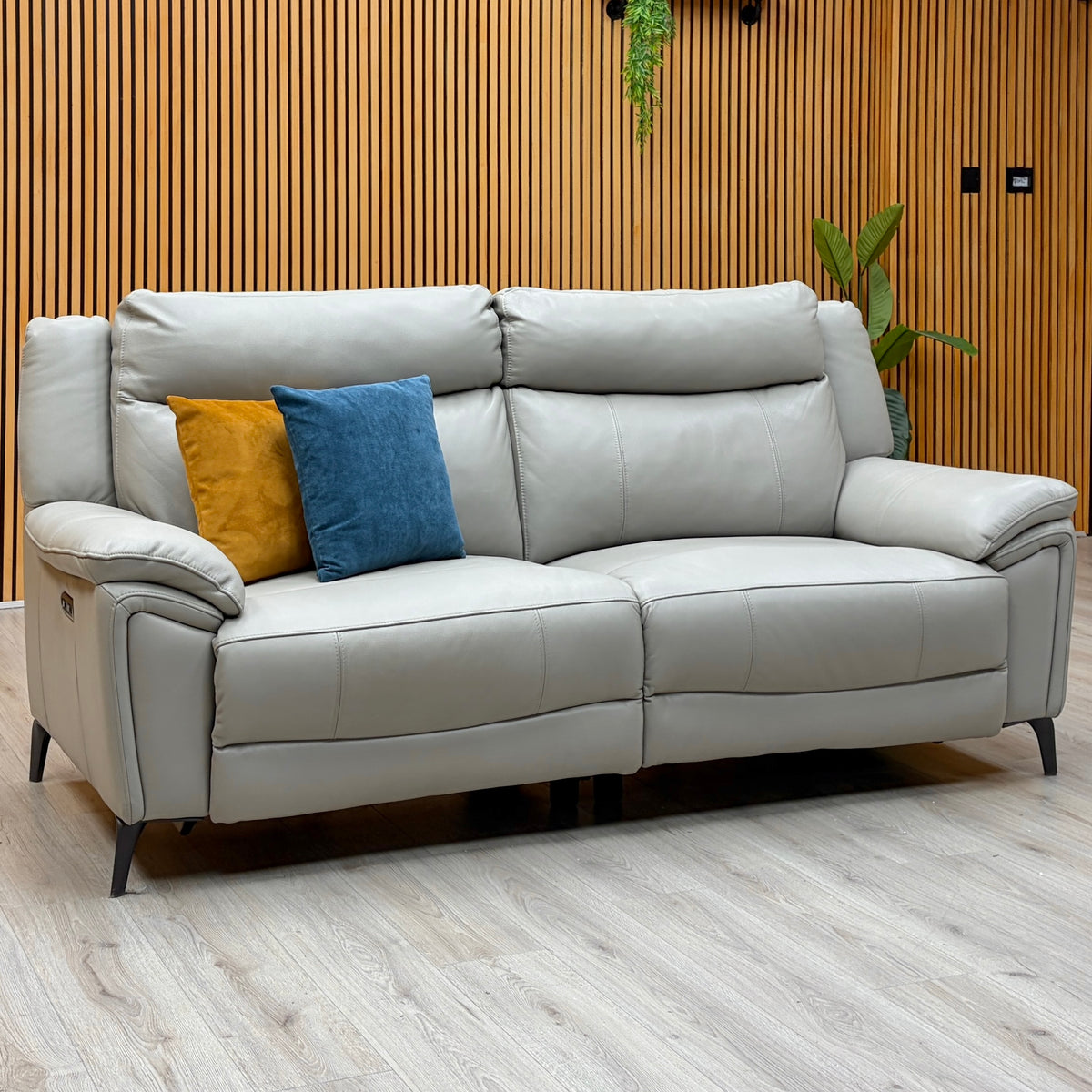 'Panache' Light Grey Cat-40:27 Leather 3 Seater Power Recliner Sofa