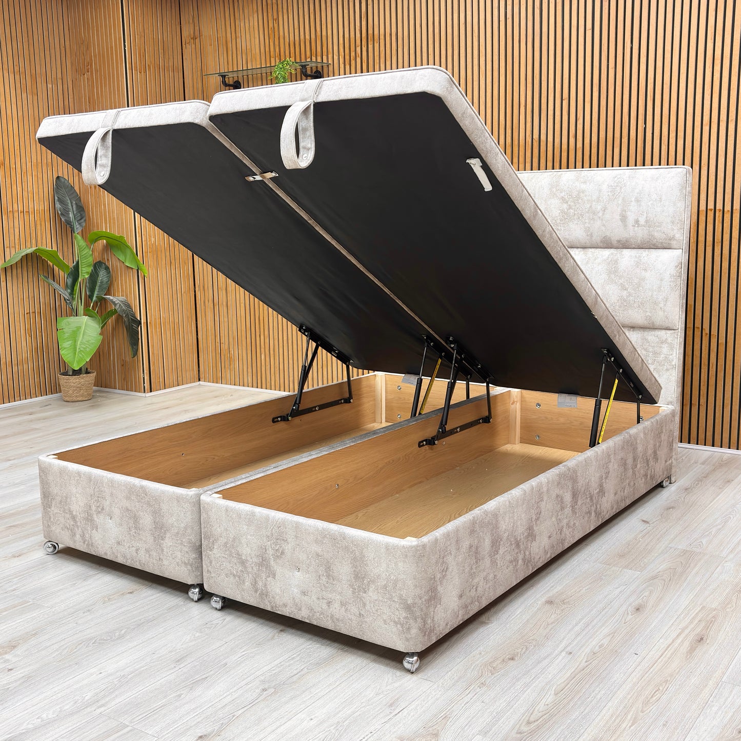 Lifestyle shot of the Cadmore bed in a contemporary bedroom setting, showcasing the rich texture of the brown velvet upholstery.