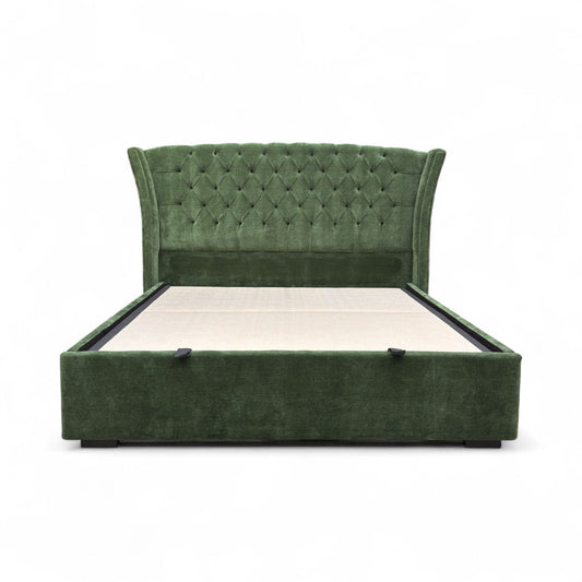 Front View of 'Dorian' Floor Standing Headboard, showing the deep button tufting and the texture of the Aston Moss fabric.