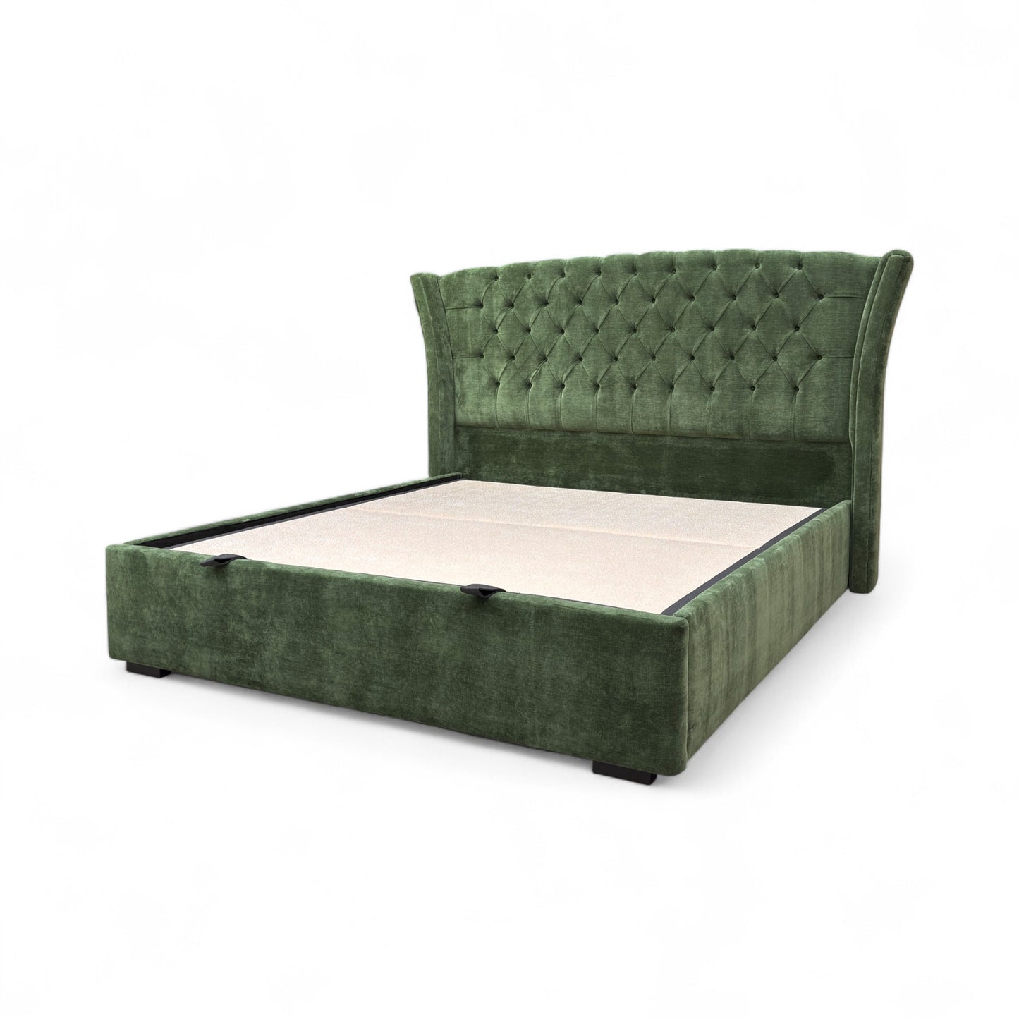 Side view of the 'Dorian' Super King Ottoman bed frame, emphasizing the height of the headboard and the upholstered sides.