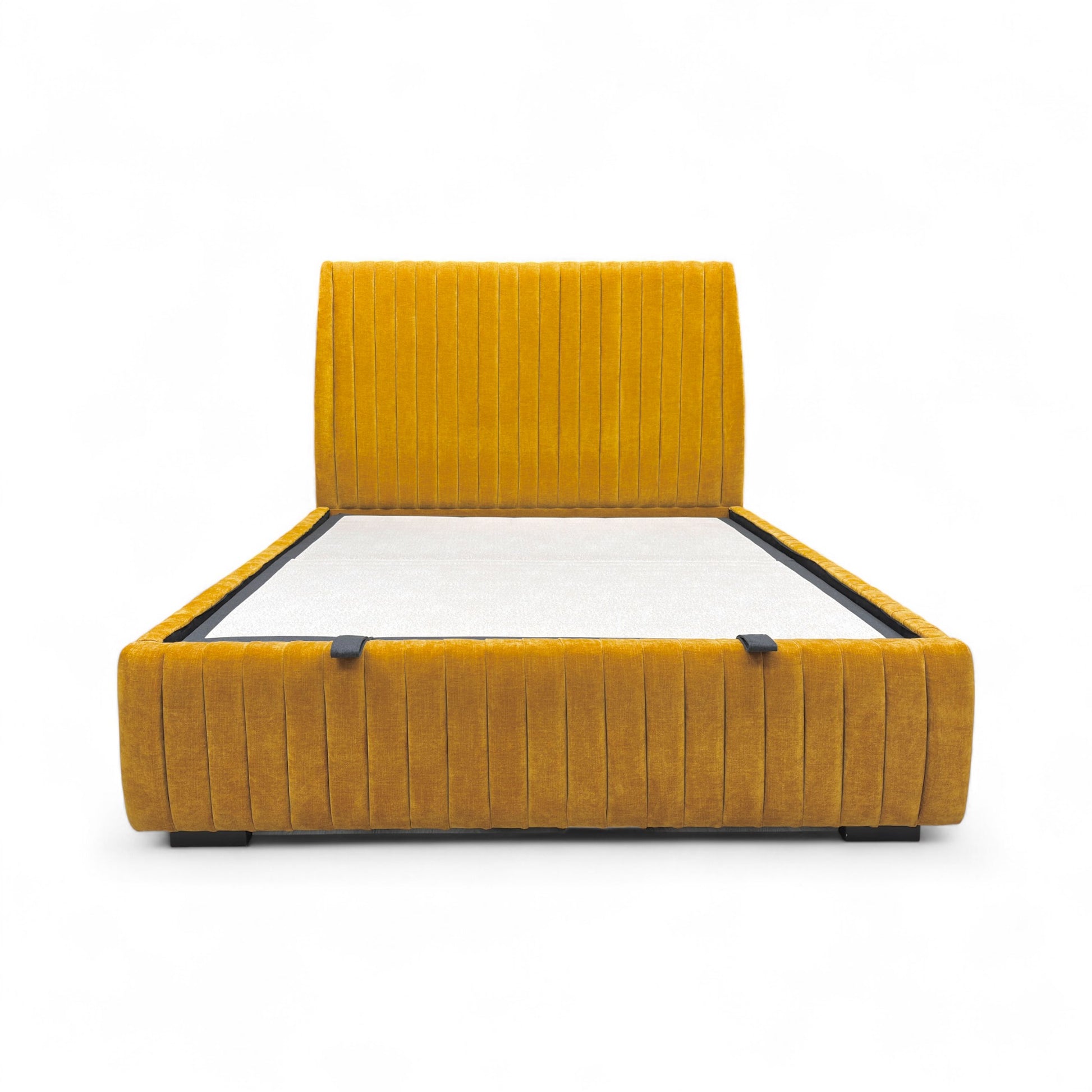 Front view  King-size 'Aydon' Ottoman Bed Frame with a saffron linen fabric, featuring a tall, floor-standing upholstered headboard.