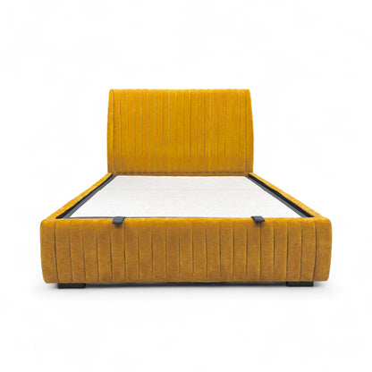 Front view  King-size 'Aydon' Ottoman Bed Frame with a saffron linen fabric, featuring a tall, floor-standing upholstered headboard.