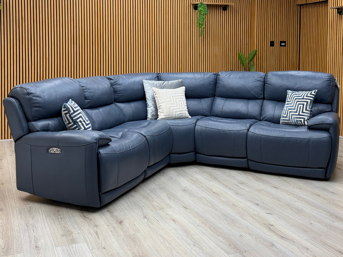 'Link' Nc-313e Ocean Blue Leather Large Power Recliner Corner Sofa with Power Headrests