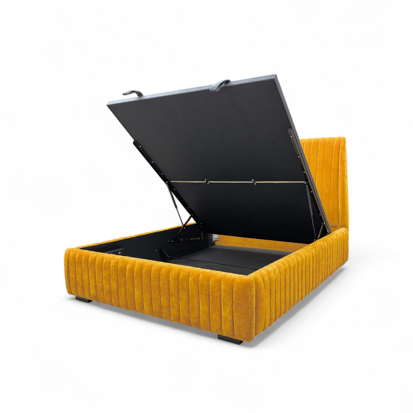 The King-size 'Aydon' End Lift Ottoman Bed open, showcasing the large, concealed storage space beneath the mattress base.