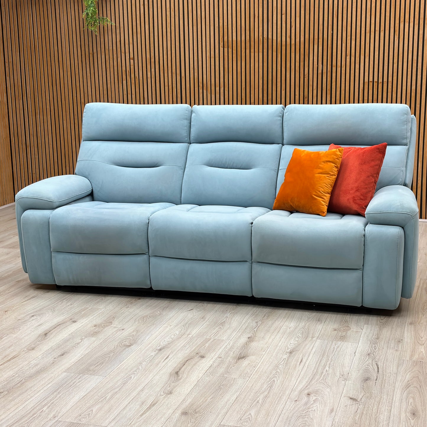 ‘Cinemax’ Vv-Velvet Blu Fabric 3 Seater 3 Cushion Media Arms Power Recliner Sofa with Power Headrests