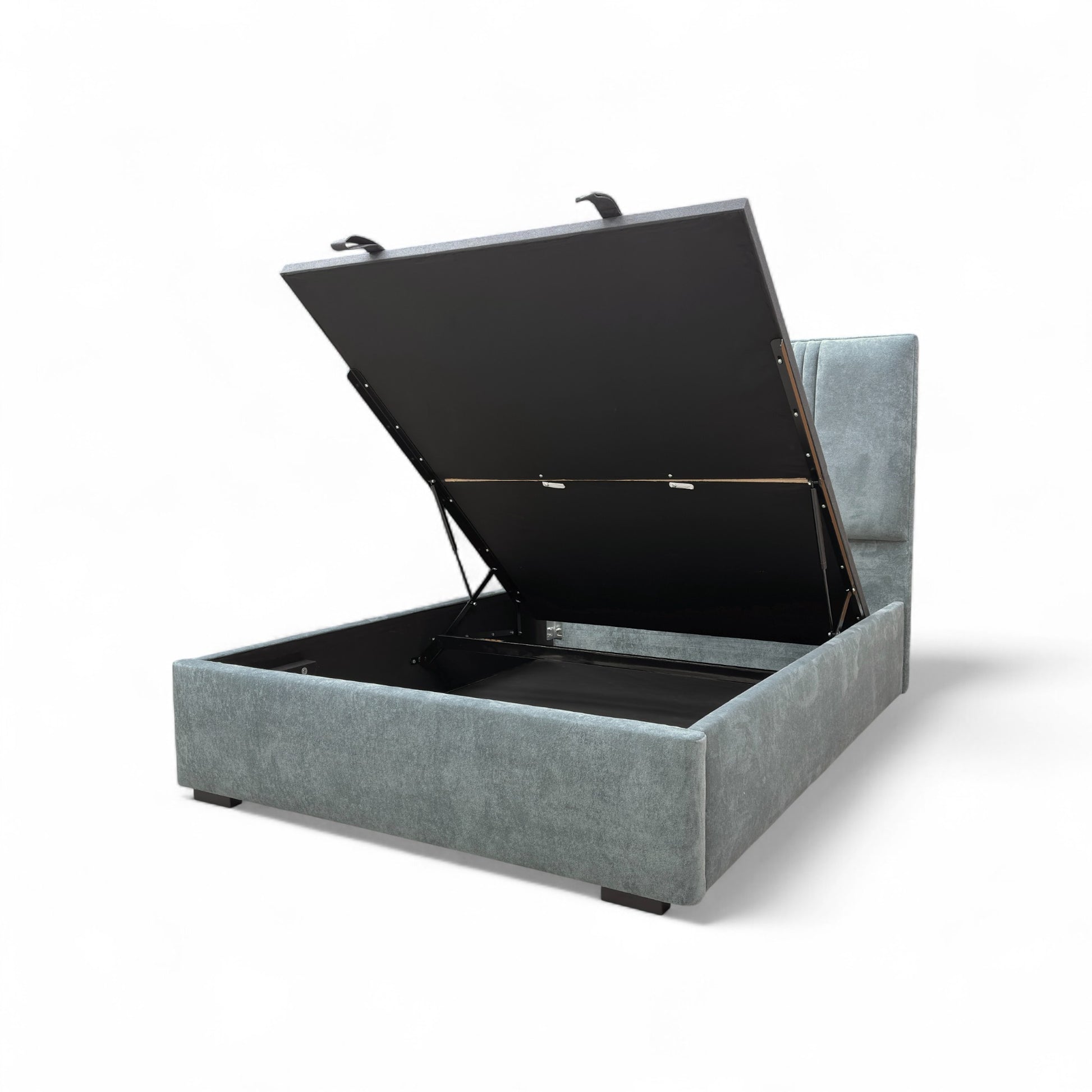 The King-size Ottoman Bed open, illustrating the functional end lift mechanism and the deep, full-size storage capacity beneath the mattress base.