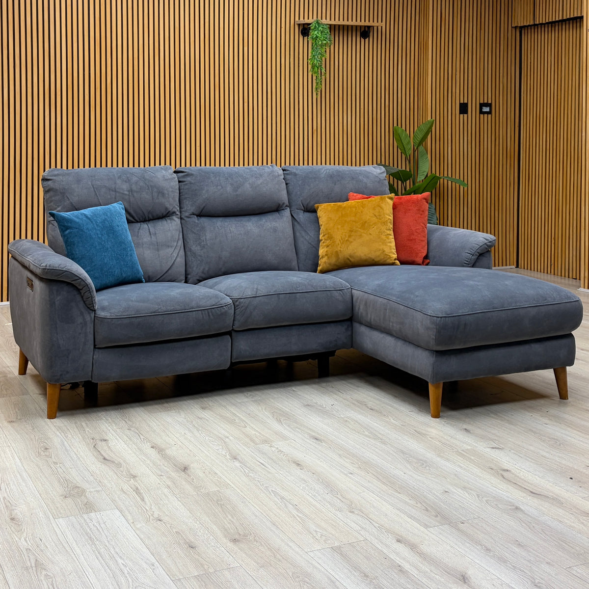 'Morgan' Dexter Shadow Grey Velvet Fabric Right Hand Facing 3 Seater Power Recliner Sofa with Chaise End