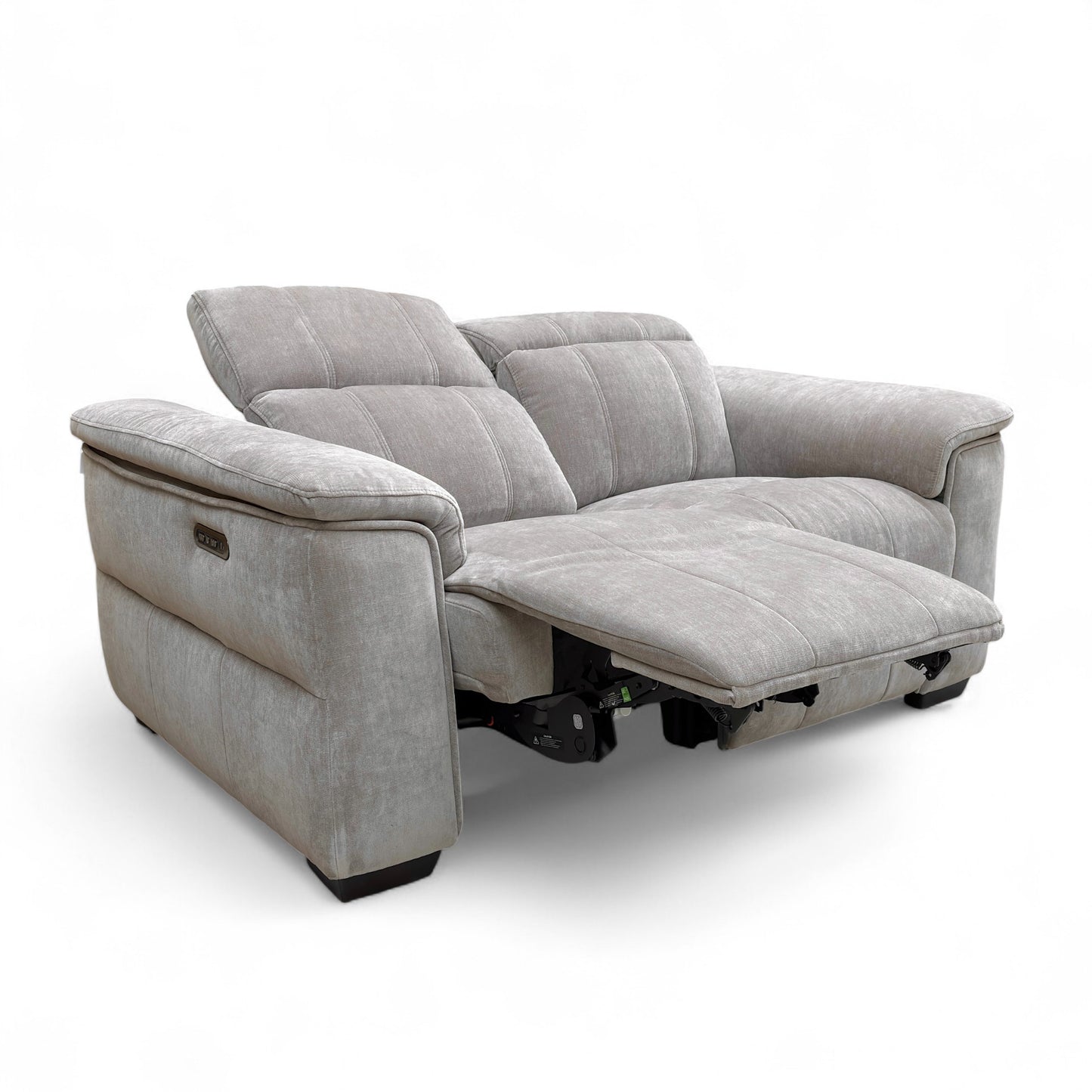 Full view of the 'Inca' Man-hattan 2 Seater Sofa in Nutmeg linen fabric, showcasing its contemporary design with closed footrests and unreclined power headrests.