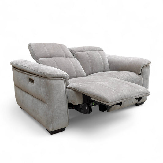 Full view of the 'Inca' Man-hattan 2 Seater Sofa in Nutmeg linen fabric, showcasing its contemporary design with closed footrests and unreclined power headrests.