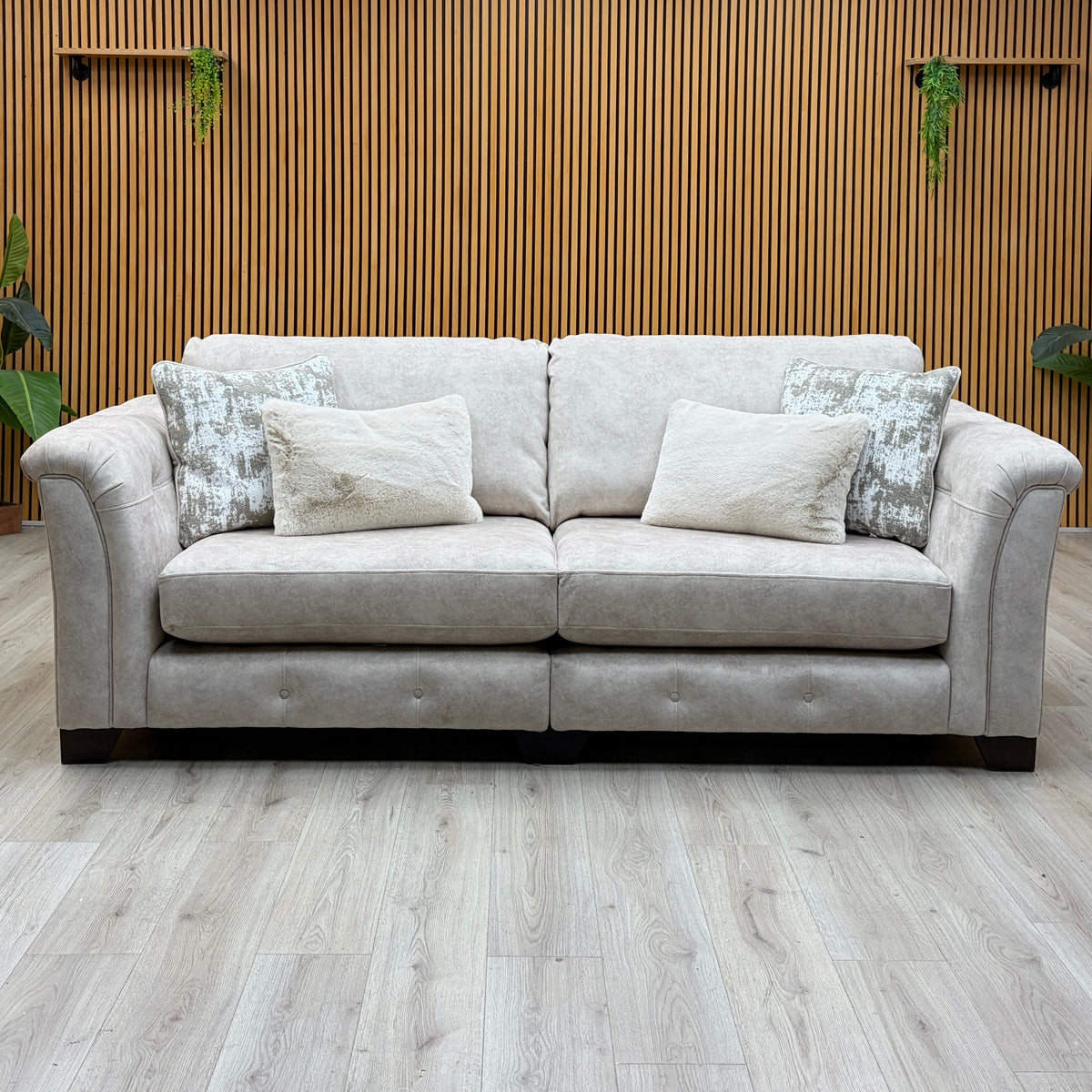 'Aura' Kenzo Cream Dw Ft Velvet Fabric 4 Seater Classic Back Split Frame Sofa + Swivel Chair with Natural Wood Arms
