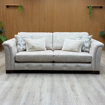 'Aura' Kenzo Cream Dw Ft Velvet Fabric 4 Seater Classic Back Split Frame Sofa + Swivel Chair with Natural Wood Arms