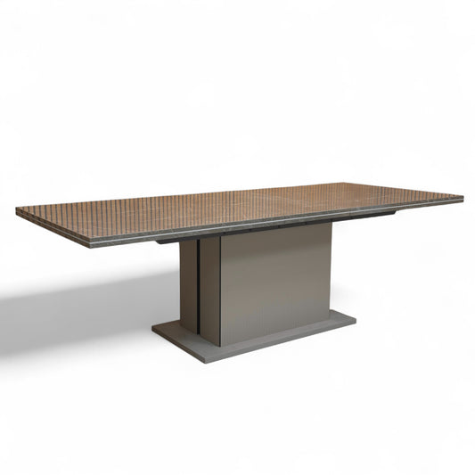 Full view of the 'Lusso' Large Dining Table closed at 200 cm, showcasing the elegant marble-effect ceramic top and modern pedestal base in a high-gloss finish.