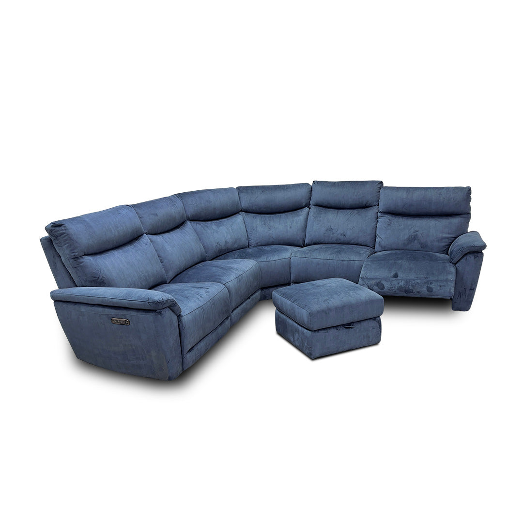 'Micah' Heritage Airforce Blue Velvet Large Power Recliner Corner Sofa with Power Headrests + Storage Footstool