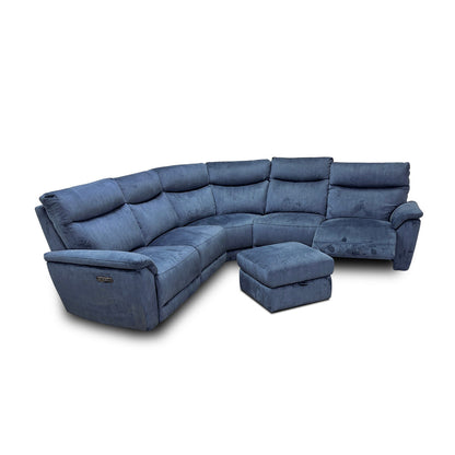 'Micah' Heritage Airforce Blue Velvet Large Power Recliner Corner Sofa with Power Headrests + Storage Footstool