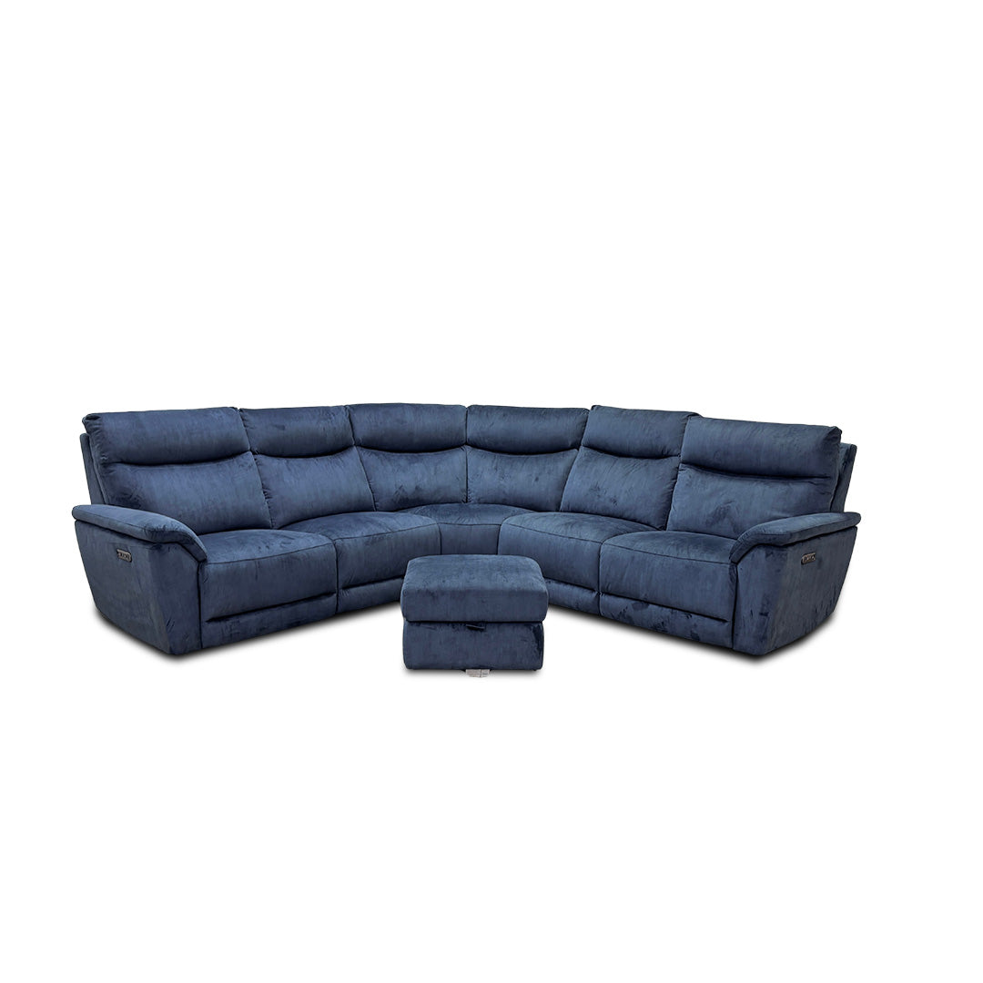 'Micah' Heritage Airforce Blue Velvet Large Power Recliner Corner Sofa with Power Headrests + Storage Footstool