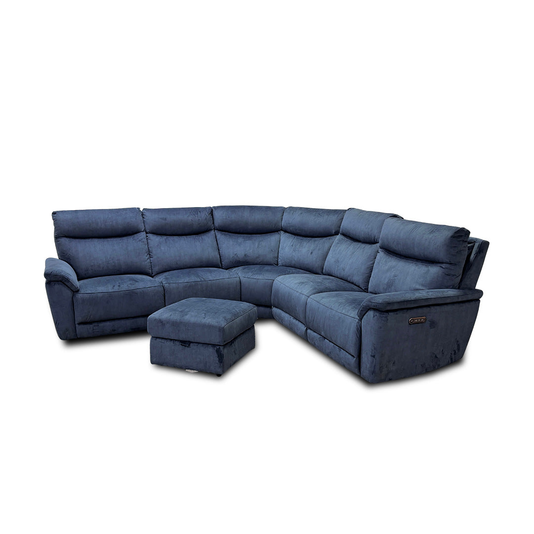 'Micah' Heritage Airforce Blue Velvet Large Power Recliner Corner Sofa with Power Headrests + Storage Footstool