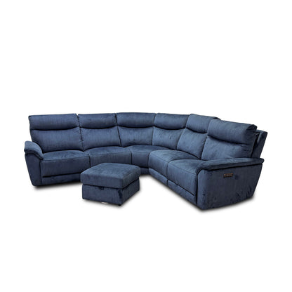 'Micah' Heritage Airforce Blue Velvet Large Power Recliner Corner Sofa with Power Headrests + Storage Footstool