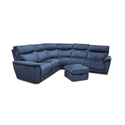 'Micah' Heritage Airforce Blue Velvet Large Power Recliner Corner Sofa with Power Headrests + Storage Footstool