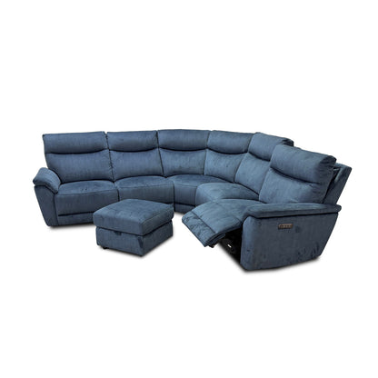 'Micah' Heritage Airforce Blue Velvet Large Power Recliner Corner Sofa with Power Headrests + Storage Footstool