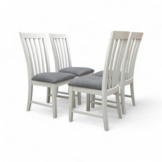 Front-facing view of the Hamilton hand-painted grey wooden chair, featuring a tall, ladder-style backrest and a solid wooden seat.