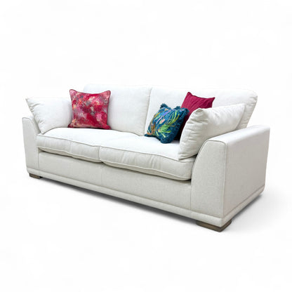 Side profile of the 'Dalton' Taupe 3 Seater Sofa, showing its depth, wooden frame structure, and overall silhouette.