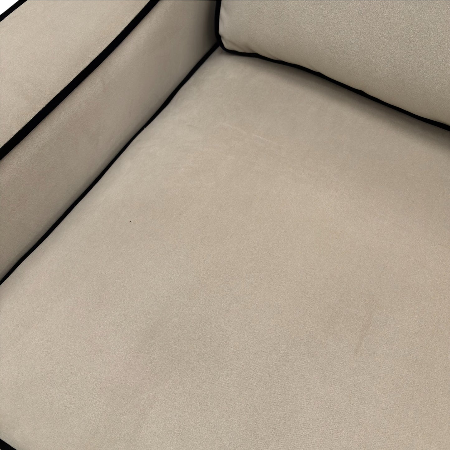 Close-up of the plush platinum velvet fabric upholstery, showing the soft, reflective quality of the material and the sofa's stitch detailing.