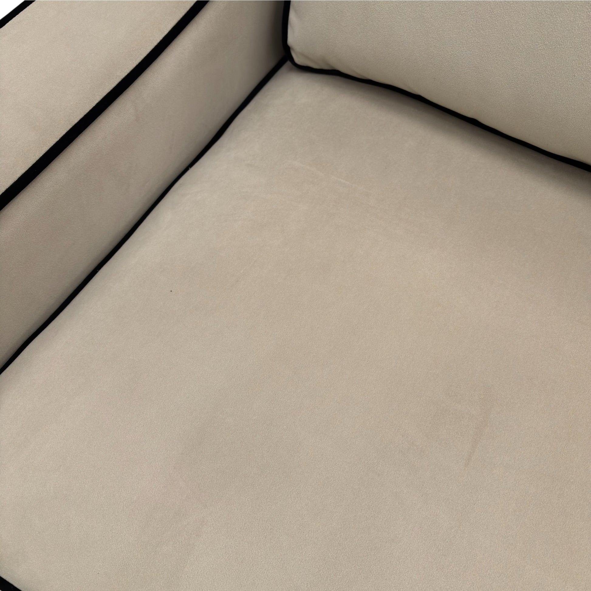 Close-up of the plush platinum velvet fabric upholstery, showing the soft, reflective quality of the material and the sofa's stitch detailing.