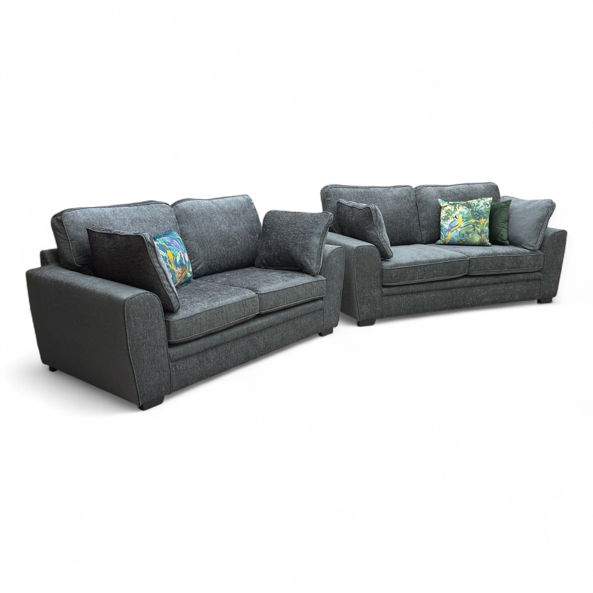 Full, straight-on view of the 'Chalfont' 3+2 Seater Sofa Set, showing both the large 3-seater and the smaller 2-seater sofas upholstered in charcoal grey linen fabric.