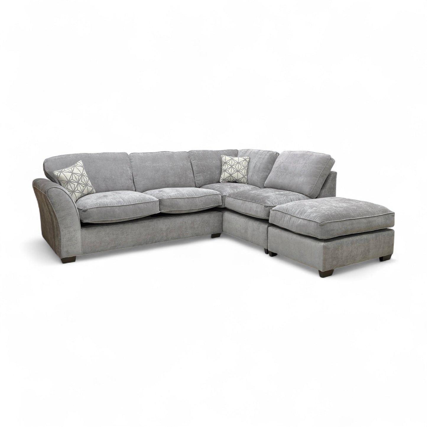 Angled view of the entire ‘Rosie’ corner sofa, highlighting the Right Hand Facing (RHF) open end chaise section and plush, high back cushions.