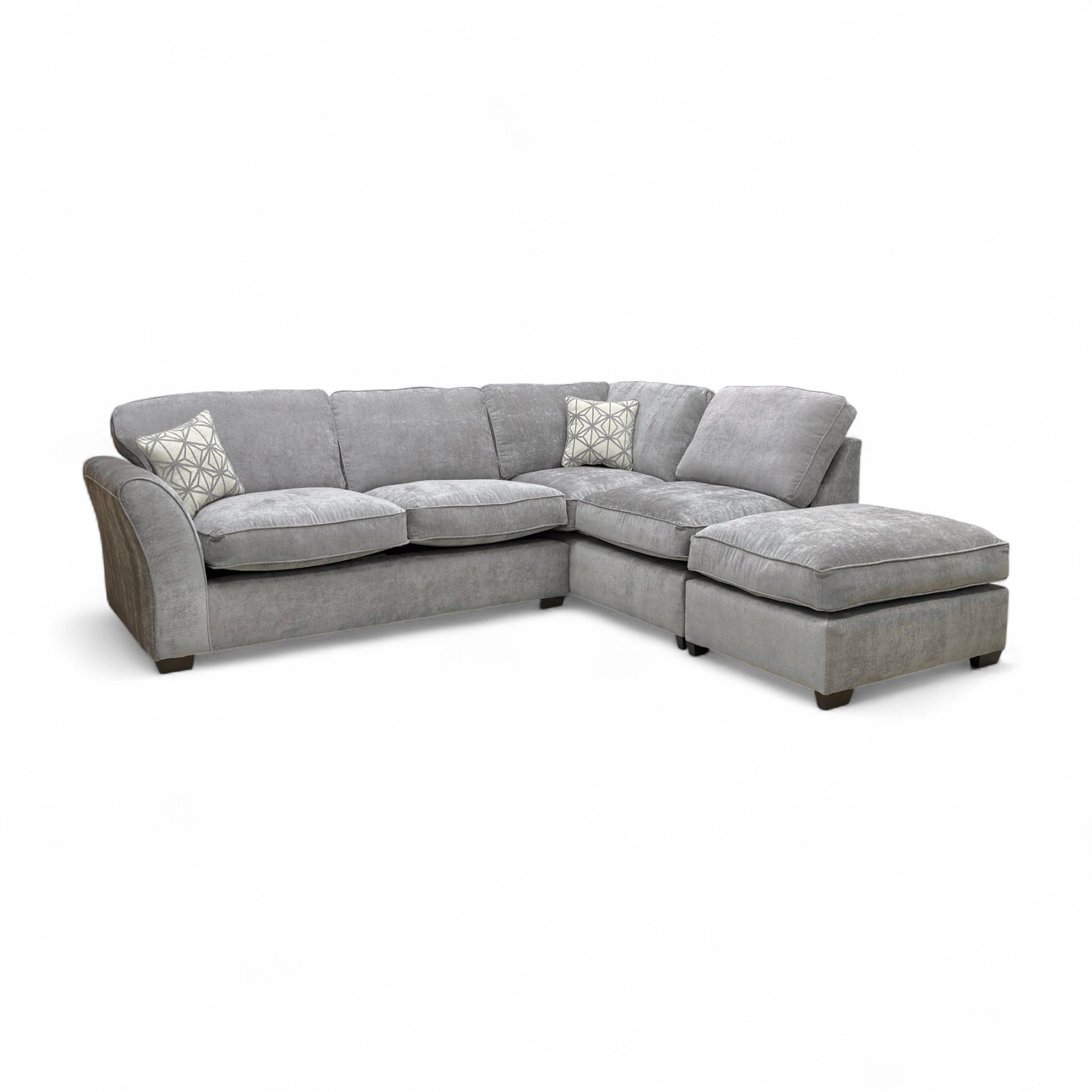 Angled view of the entire ‘Rosie’ corner sofa, highlighting the Right Hand Facing (RHF) open end chaise section and plush, high back cushions.