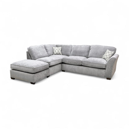 Front view of the Shark Grey Chenille Left Hand Facing Chaise Corner Sofa with deep seats and high backrests.