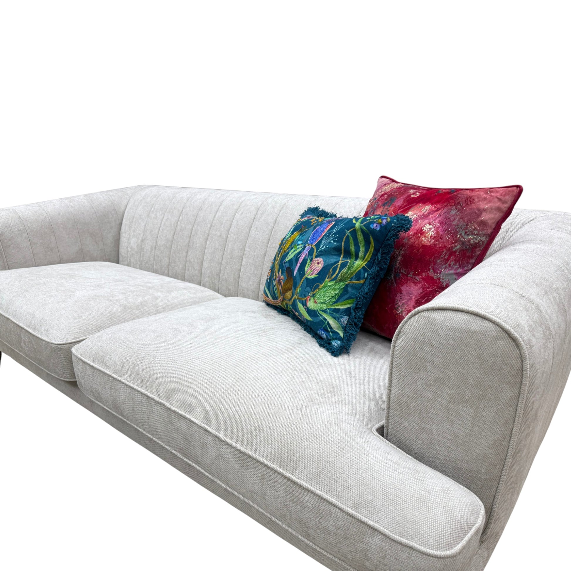 Close-up shot of the sofa's seating area, highlighting the taupe Catalina fabric and cushion texture.