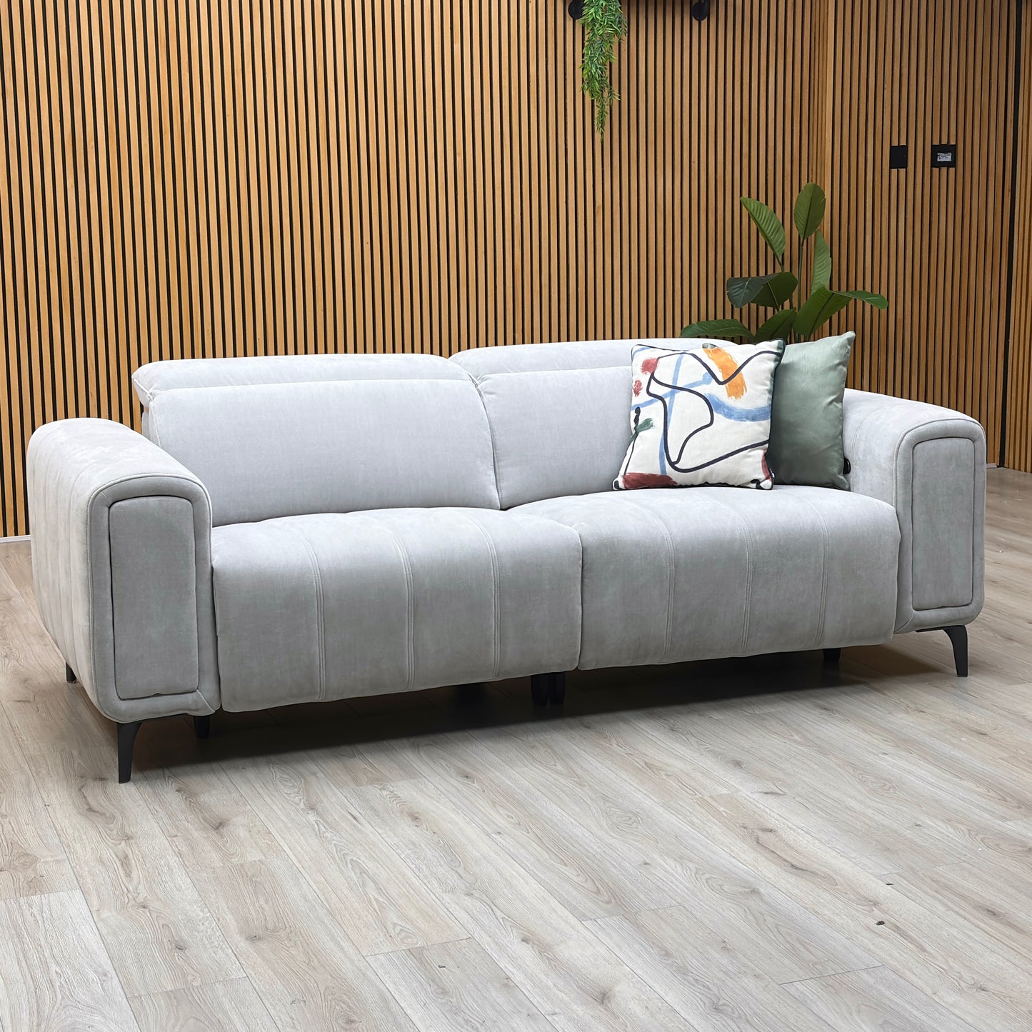 ‘Elphaba’ Manhattan Stone 58004 Fabric 3 Seater Power Recliner Sofa with Storage Arms