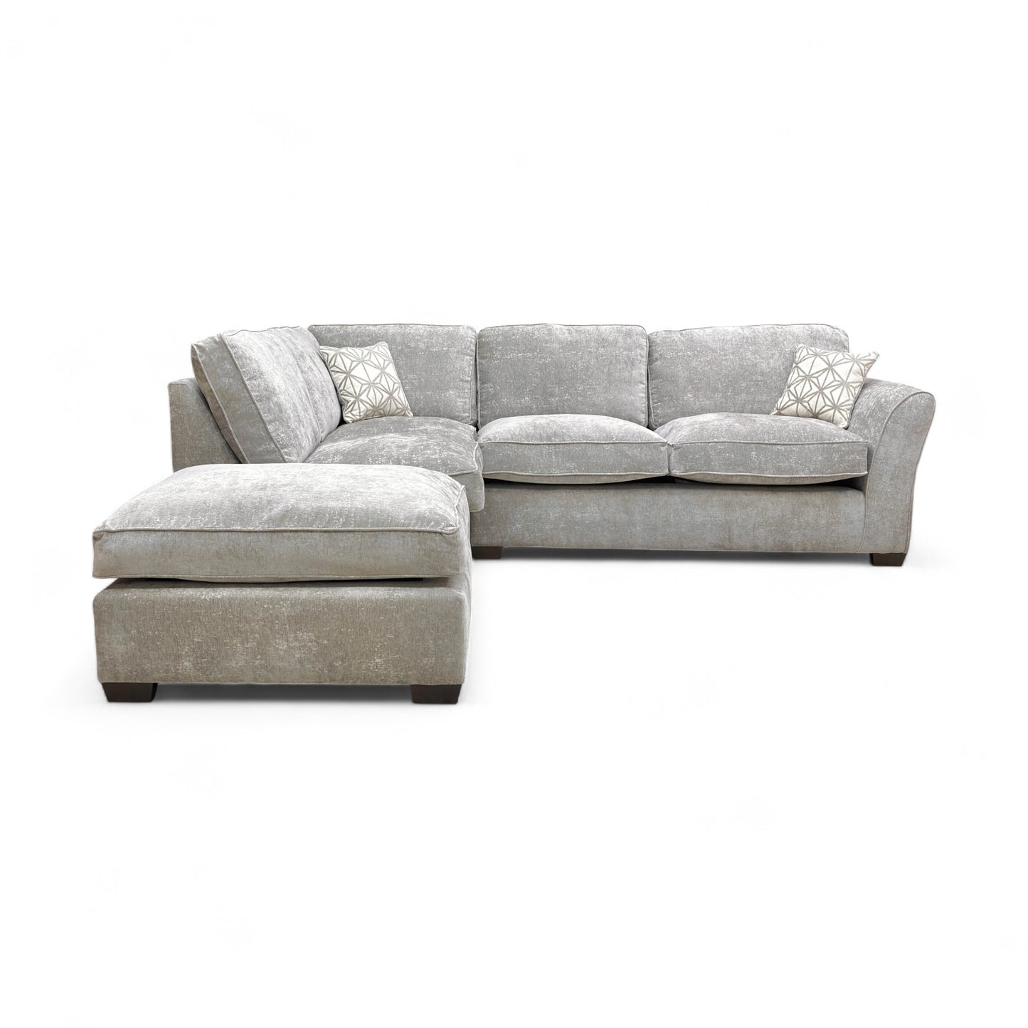 Frontal view of the Meridian Truffle Chenille Corner Sofa, emphasizing the deep seats and contemporary shape.