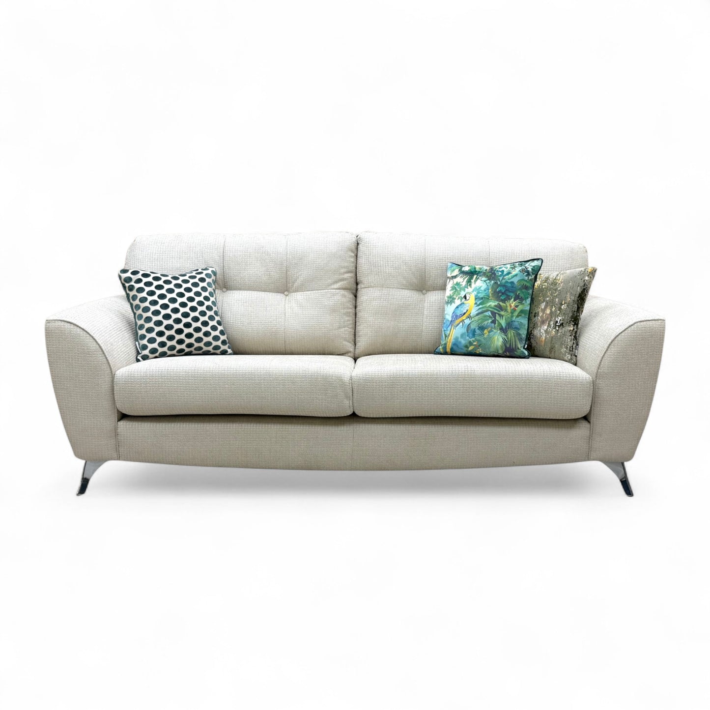 Full front-angled view of the long Dawson Wheat Plain 4 Seater Sofa, showcasing its large size and neutral wheat-colored fabric.