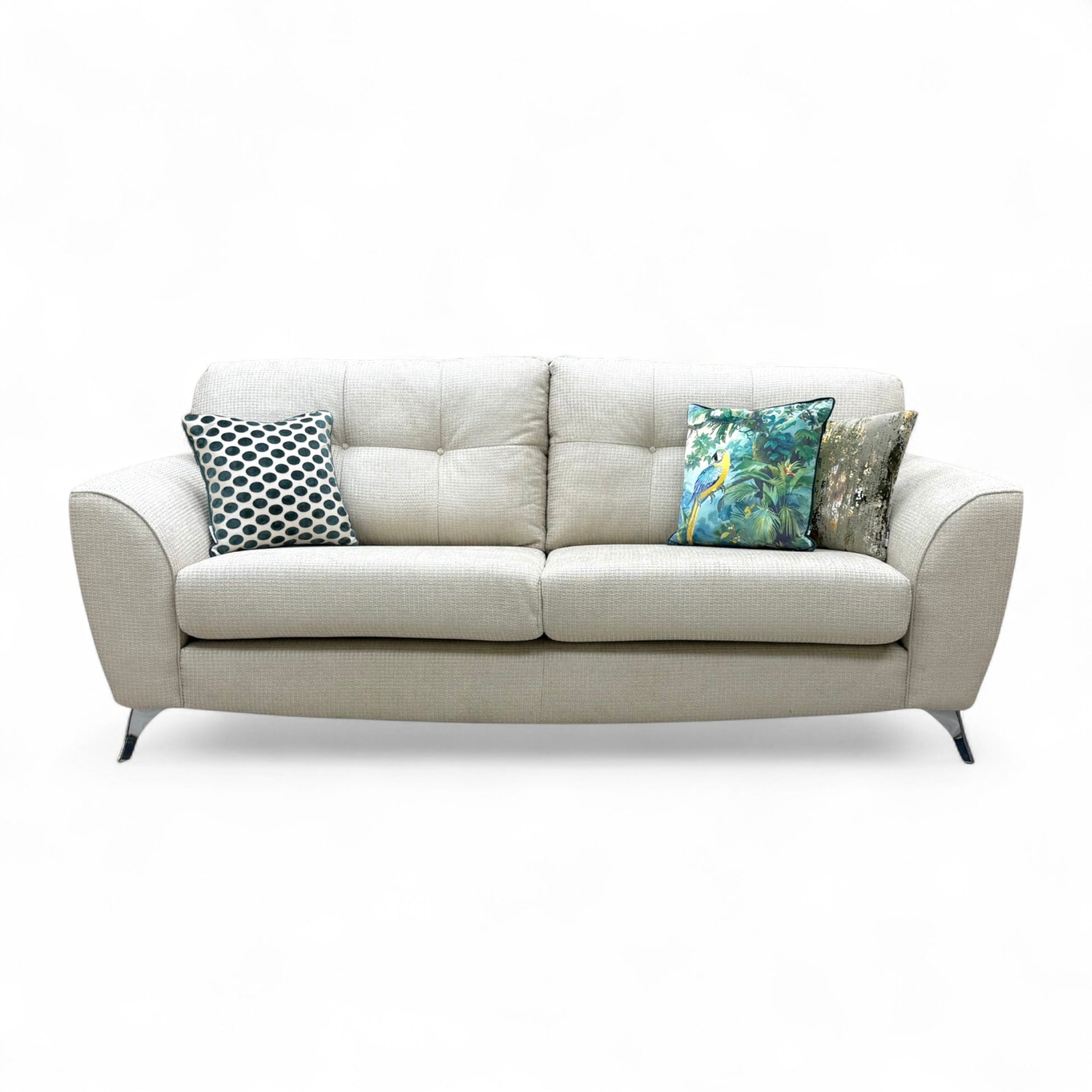 Full front-angled view of the long Dawson Wheat Plain 4 Seater Sofa, showcasing its large size and neutral wheat-colored fabric.