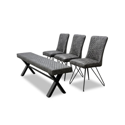 ‘Brooklyn' Grey Upholstered Large Dining Bench + 3 Dining Chairs