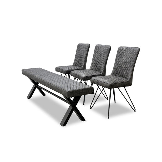 ‘Brooklyn' Grey Upholstered Large Dining Bench + 3 Dining Chairs