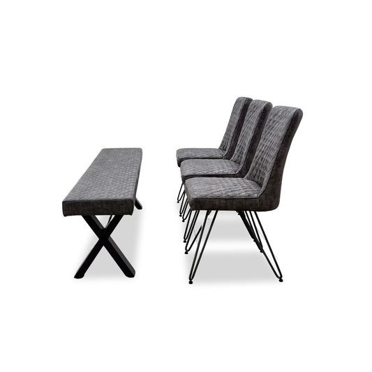 ‘Brooklyn' Grey Upholstered Large Dining Bench + 3 Dining Chairs