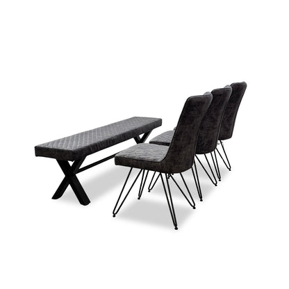 ‘Brooklyn' Grey Upholstered Large Dining Bench + 3 Dining Chairs