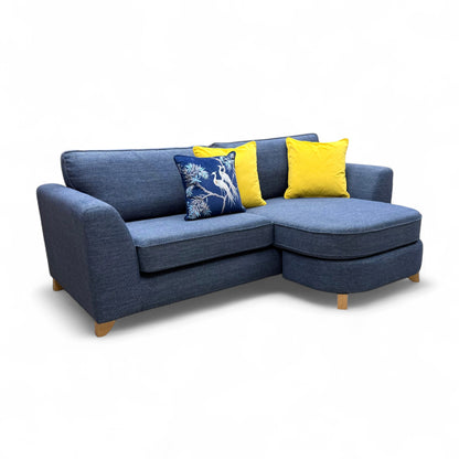 Full view of the Lorella Navy Selway Formal Back 4 Seater Lounger Sofa, showing its size and the extended chaise section.